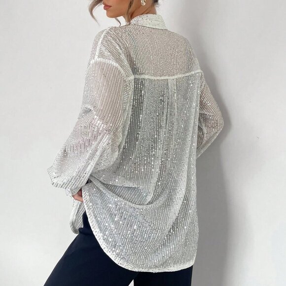 Silver Party Women's Oversized Sequin Blouse - Picture 2 of 5